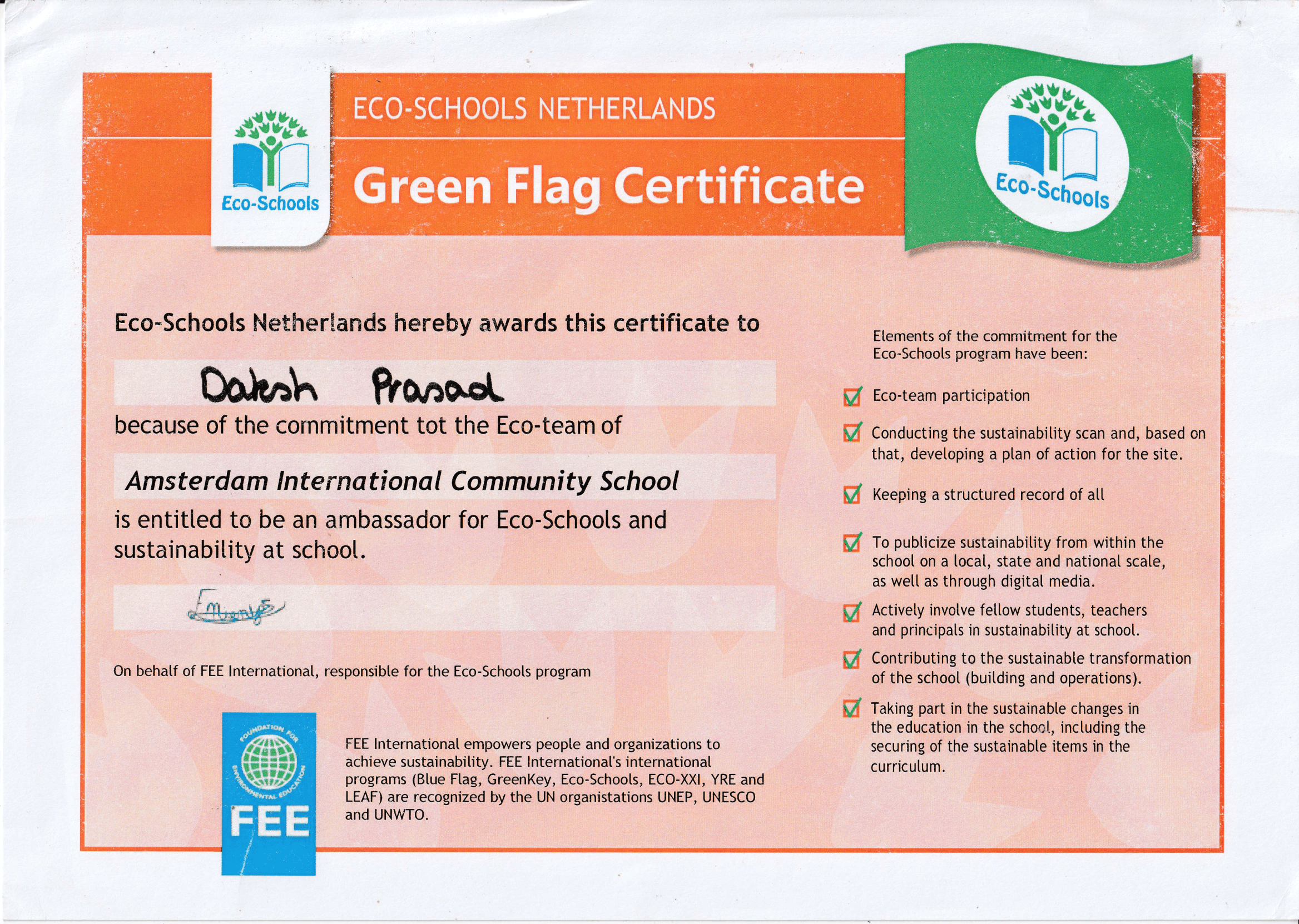 Eco-Schools Green Flag 2025 Certificate